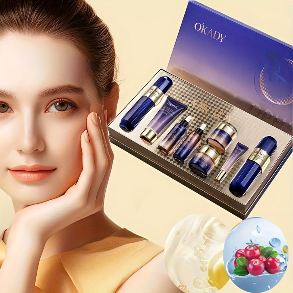Skincare Set with OKADY Label, 8 Collagen and Hyaluronic Acid Product Items in Blue Gold Gift Box — image 2