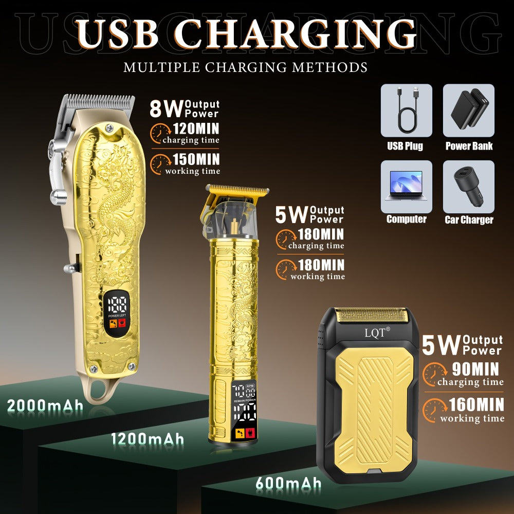 Hair Clippers & Trimmers LQT Golden Dragon Three-Piece Set with LCD Displays, USB Cables and Gift Box — image 2