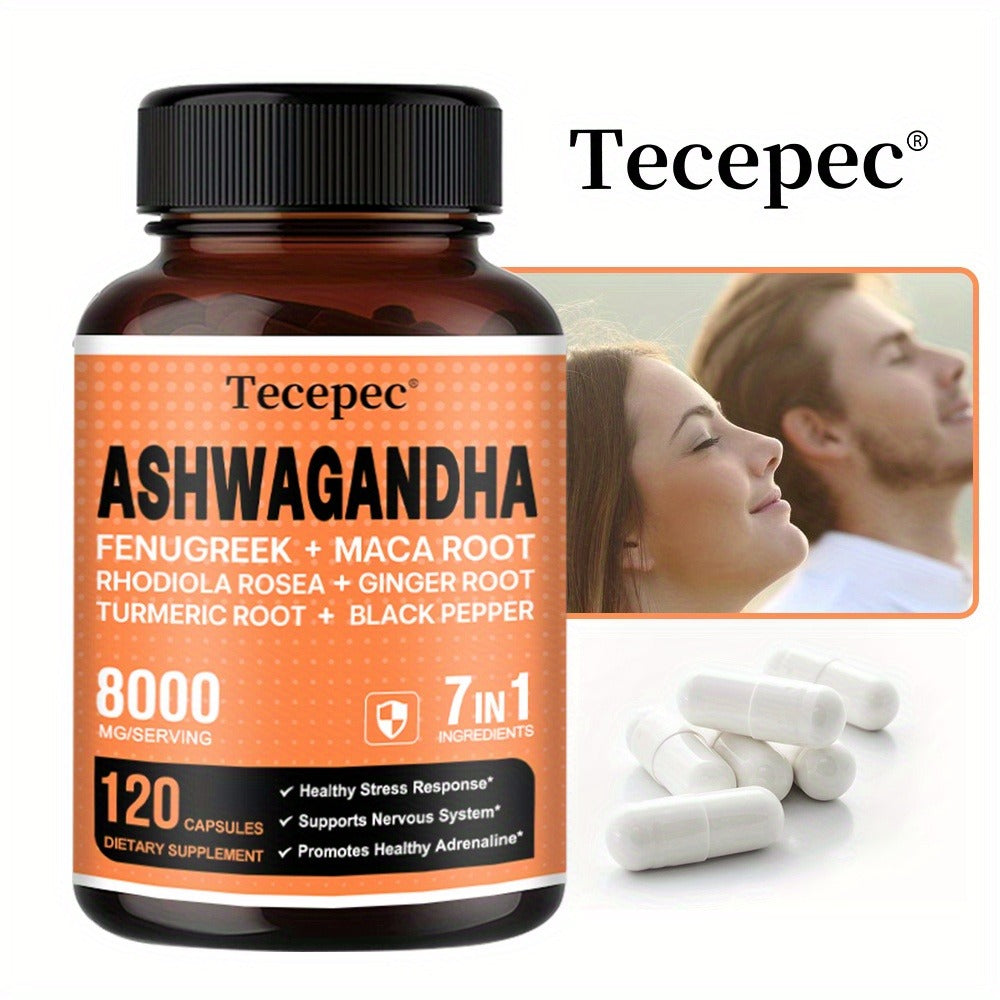 Ashwagandha Capsules 7-in-1 Adaptogen Blend 120ct with Maca Root Rhodiola Rosea Ginseng for Bath Time, Home Spa and Personal 
