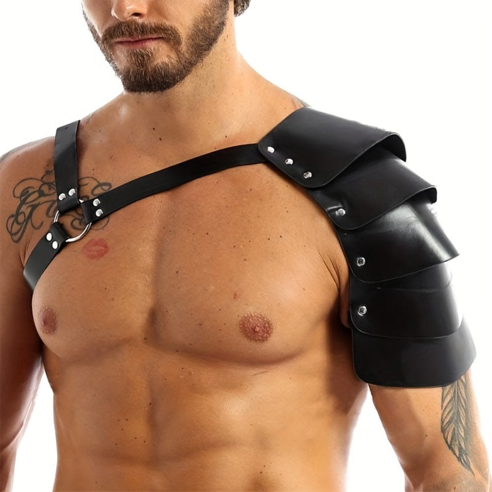 PU Leather Shoulder Armor Warrior Costume Prop with Belt for Men, Single Pauldron Medieval Knight Armor Dress Up Accessory fo