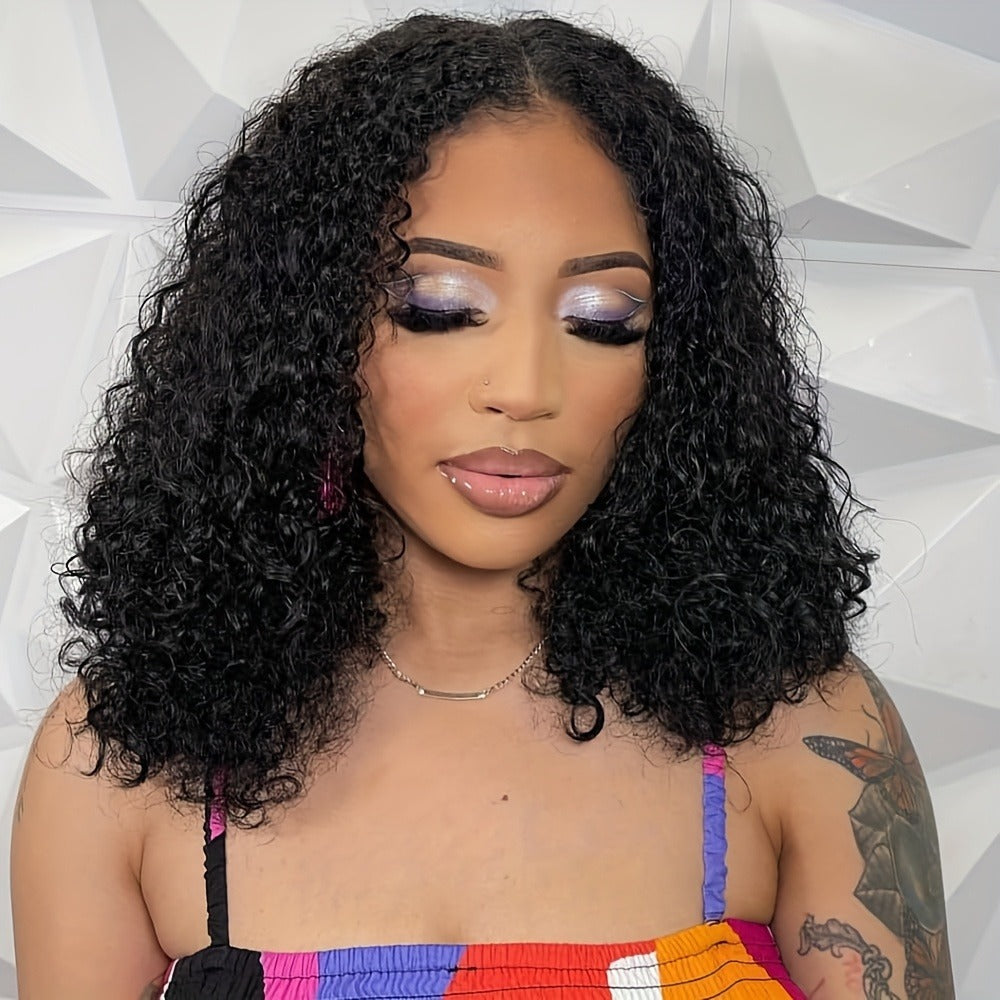 Lace Front Wig Deep-Wave Human Hair, 14-Inch Natural Black with 250% Density and Pre-Cut Buckle Cap — image 4