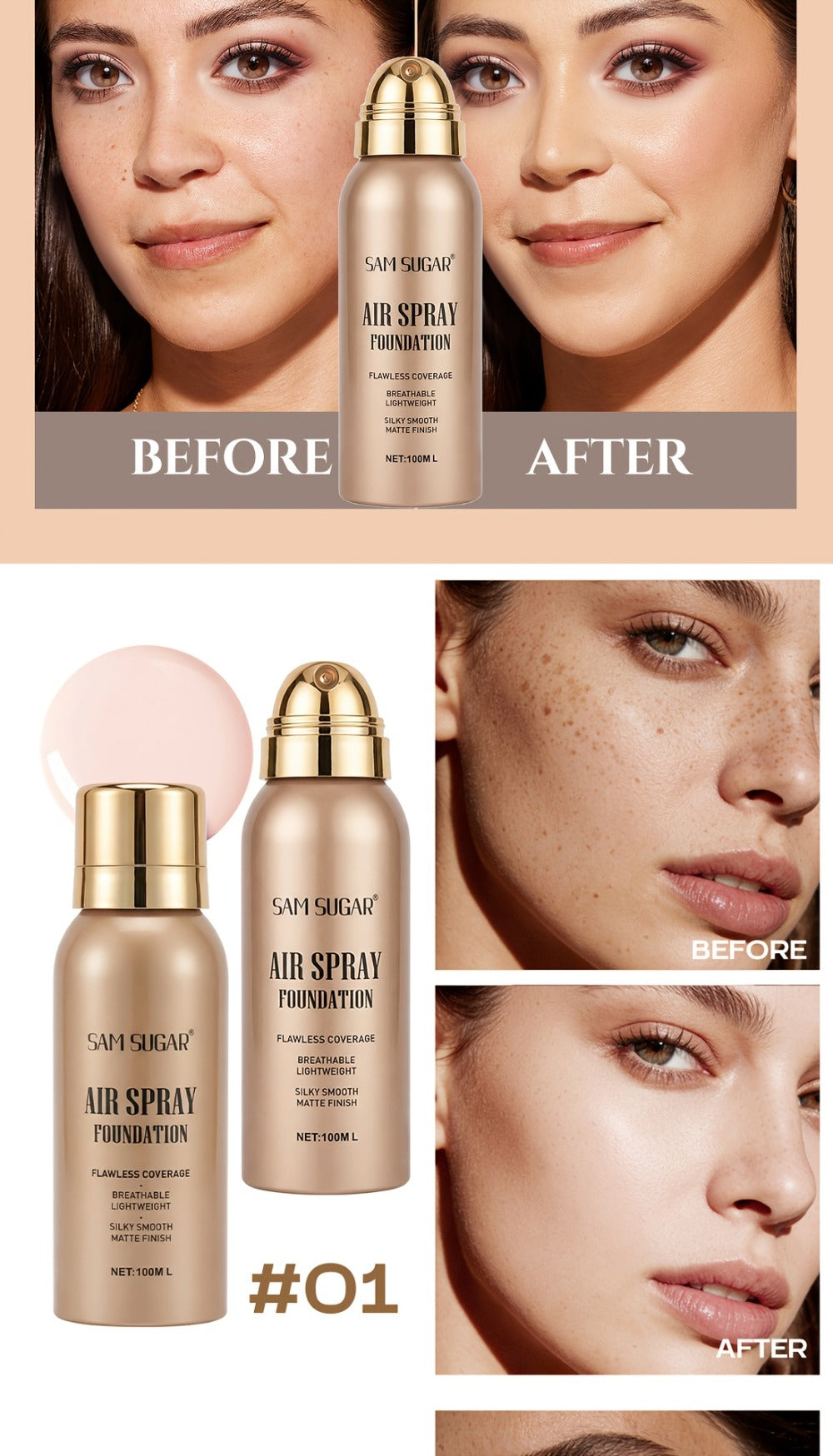 Air-Spray Liquid Foundation in Gold-Tone Bottle with Four Numbered Shade Options from 01 to 04 — image 14