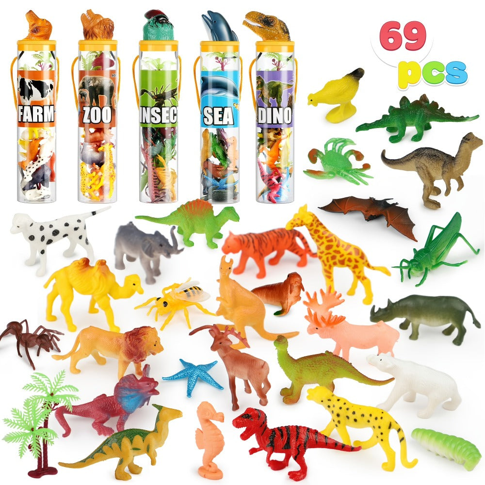 Animal Figures Toys for Kids 69pcs, 5-Set Nature World Mini Animal Figurines with Sensory Bin, Zoo — image 1