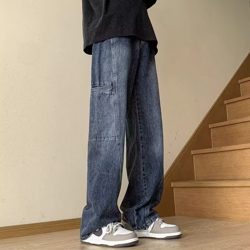 Retro High-street Dark Blue Workwear Denim Jeans