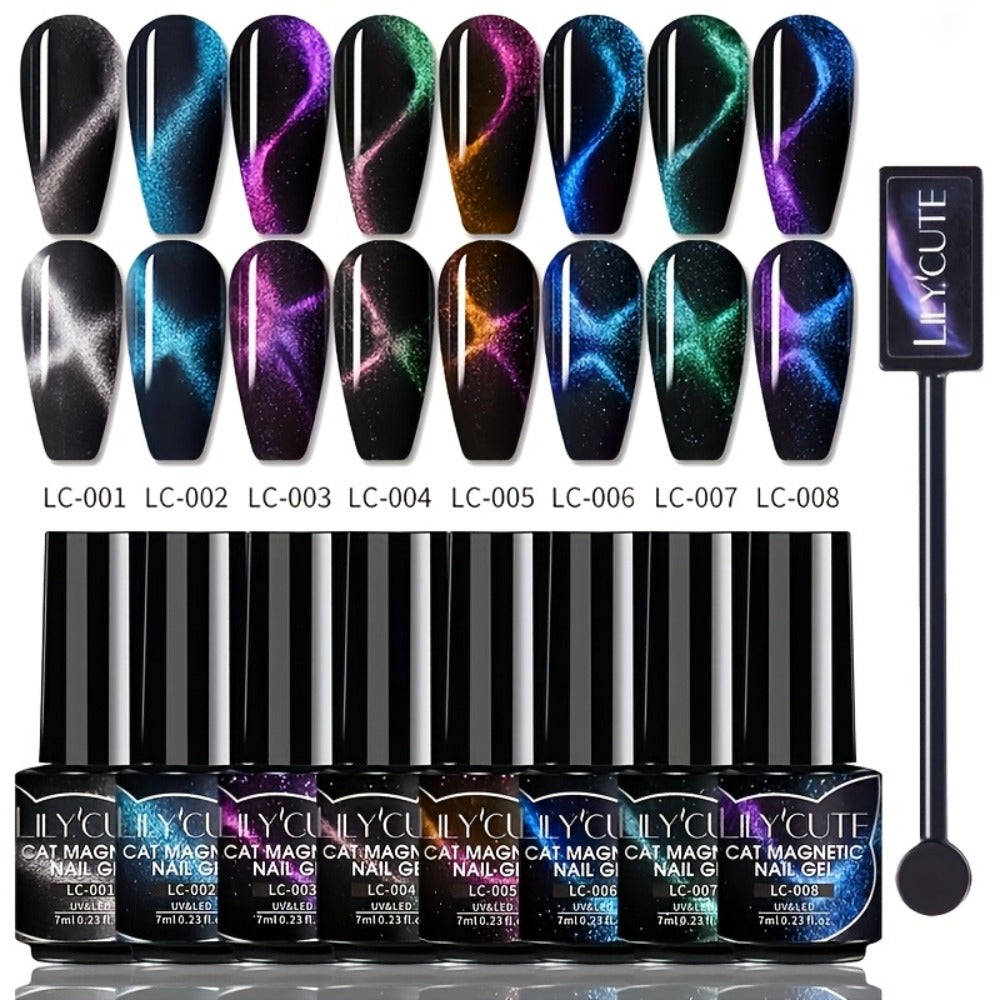 Gel Nail Polish 8-Piece Aurora Magnetic Cat-Eye Set with Black-Crystal Glitter and 3D Light-Shifting Finish for UV/LED Cure —