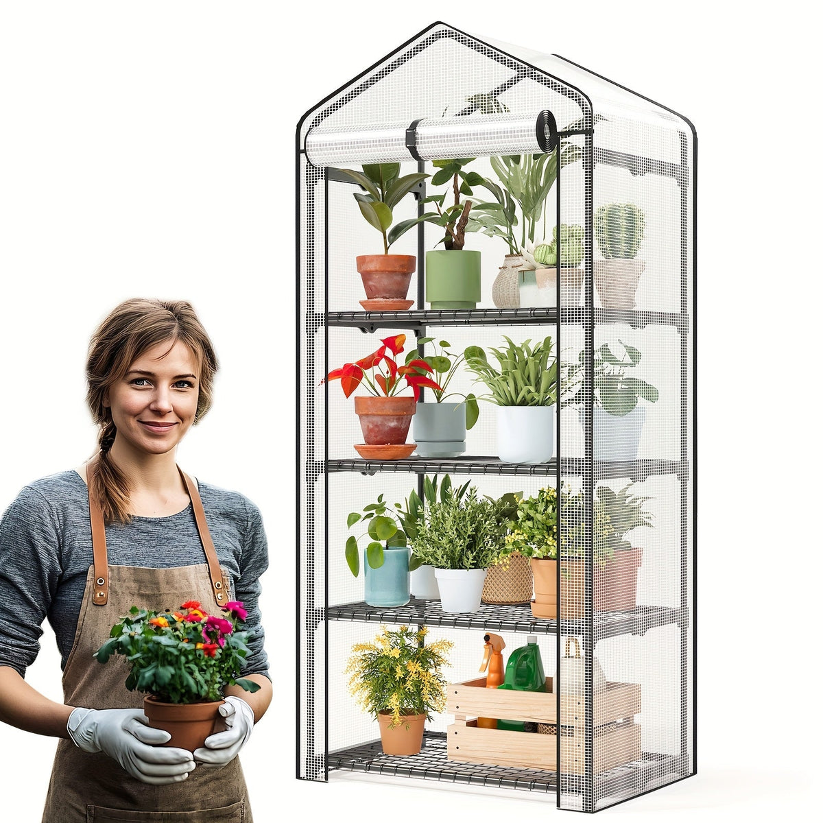 Tiered Greenhouse Shelves 3/4-Tier Portable Mini Plant Greenhouse with PE Cover & Aluminum Frame, Indoor Outdoor Warm House f