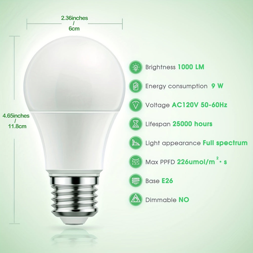 Grow Light Bulb A19 E26 Full Spectrum 9W 100W Equivalent | Natural White 4000K LED Plant Bulb for Indoor Plants Seed Starting