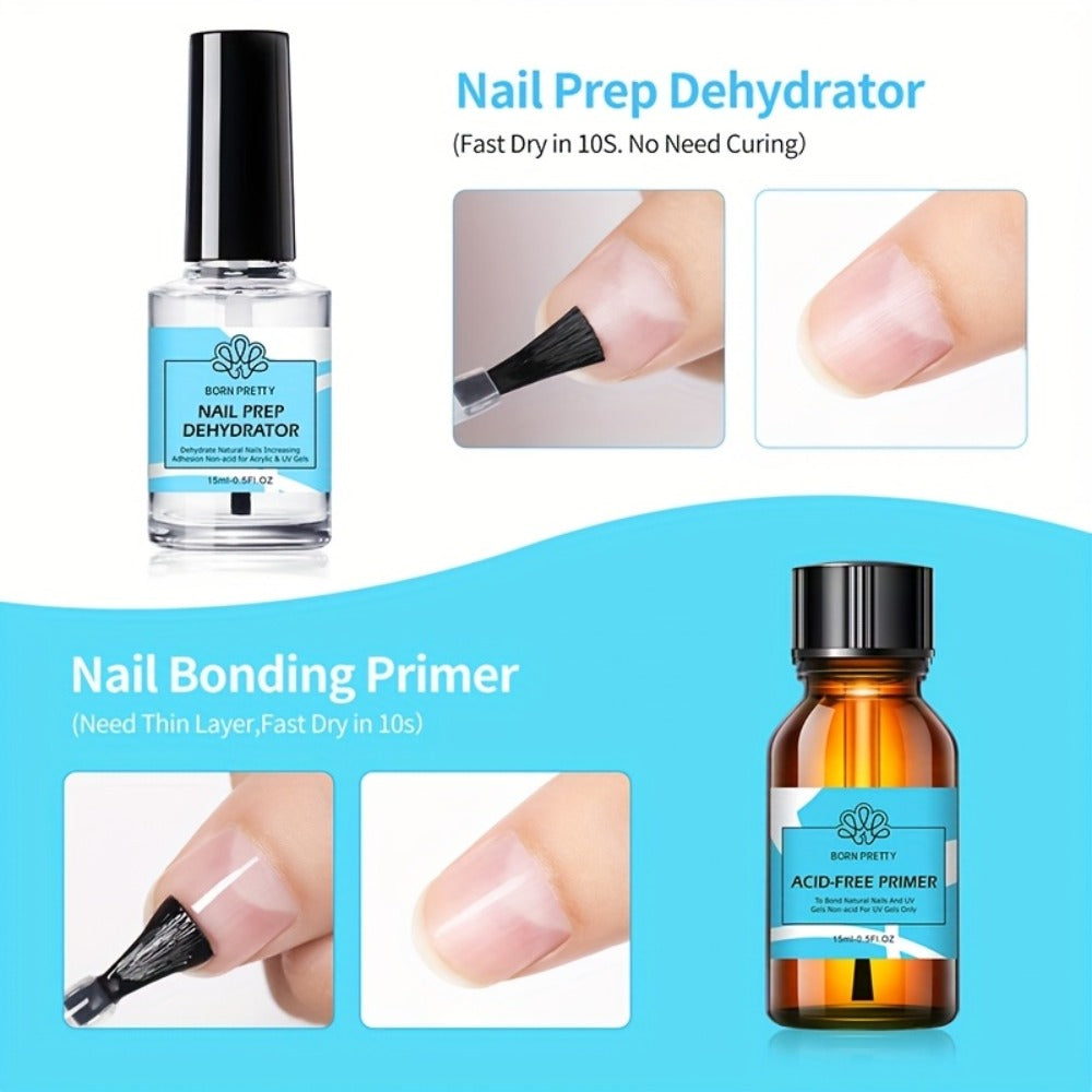 Gel Nail Prep Kit 4-Piece BORN PRETTY – Nail Dehydrator 15ml, Primer 15ml, Base Gel 10ml & Super Top Coat 10ml for Semi-Perma
