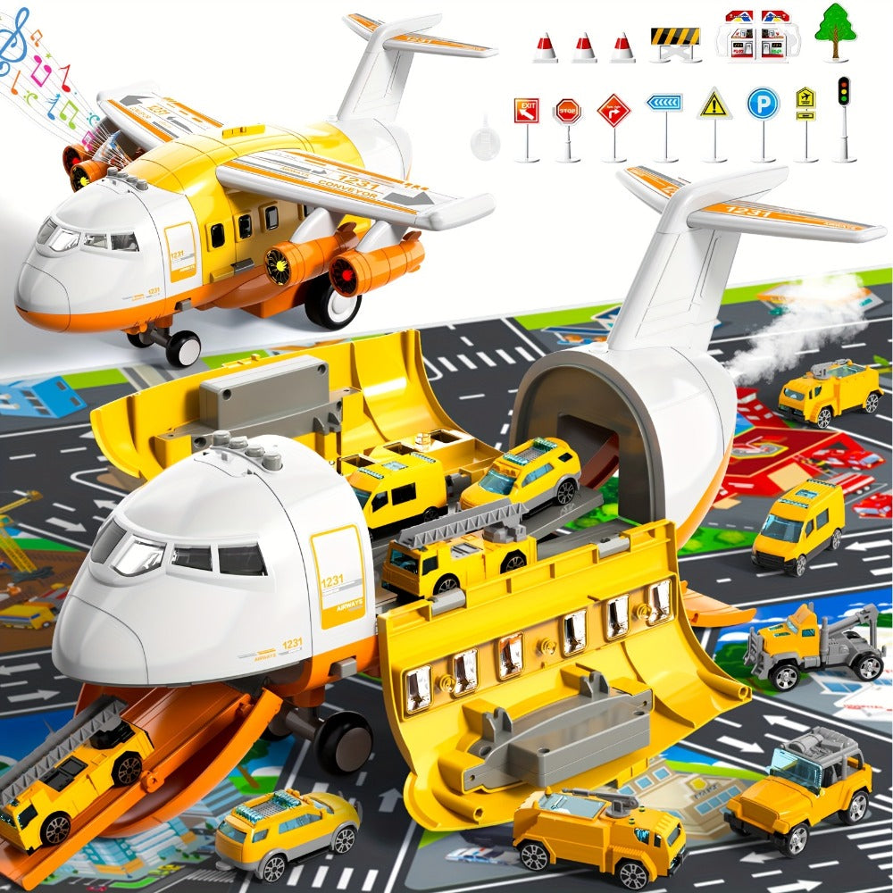 Jumbo Transport Airplane Toy for Kids with 10 Cars & Spray Mist, Cargo Plane Playset Toddler Boy Girl Birthday Gift Ages 3+ —