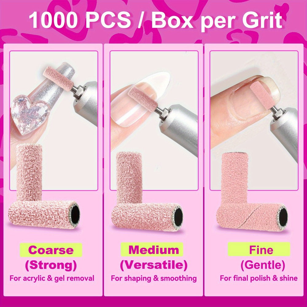 Nail Sanding Bands 1000 Pack with Mandrel Bit – Coarse Medium Fine Grit 3mm Nail Drill Bits for Acrylic Removal — image 2
