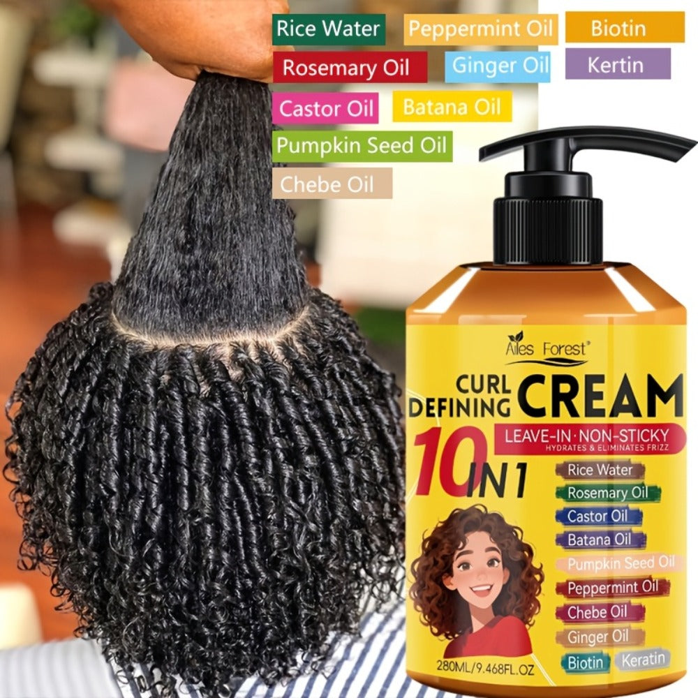 10-in-1 Curl Styling Cream in a 280ml Pump Bottle with Rice Water, Biotin and Named Oils Listed on Label — image 1