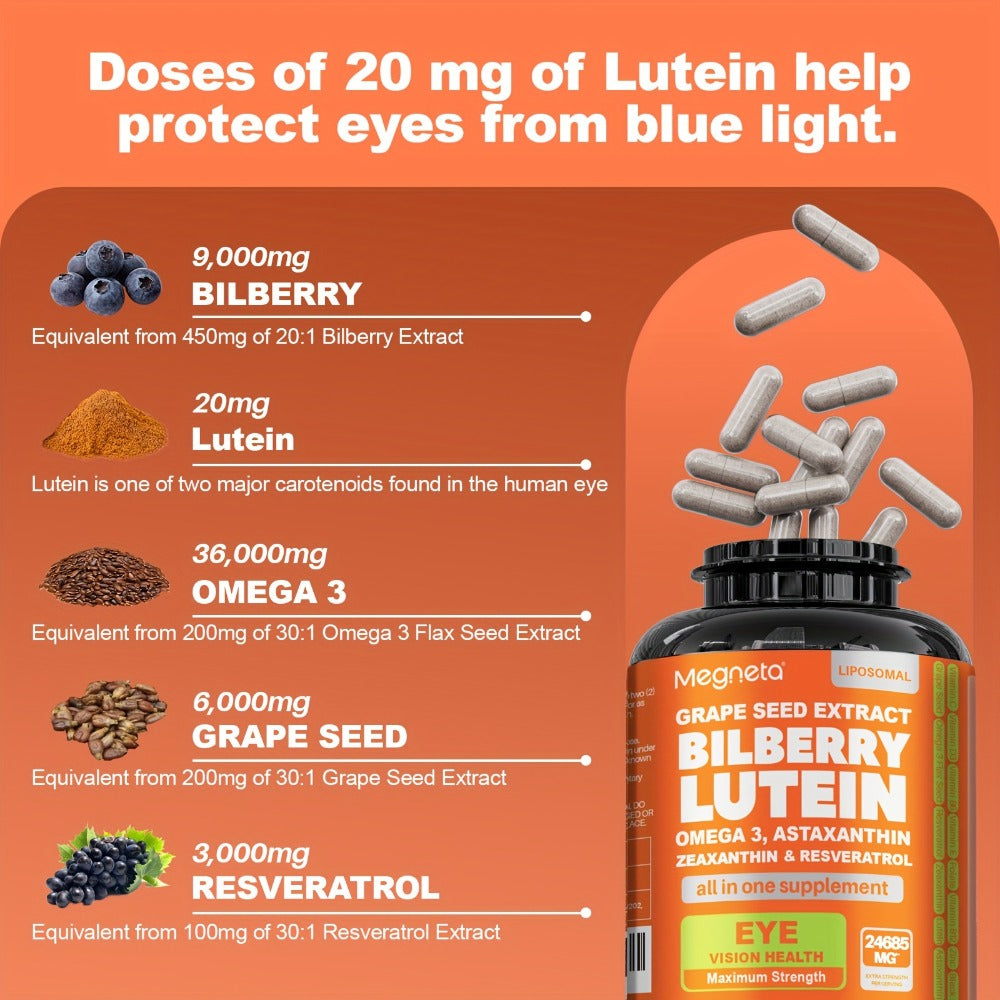 Eye Vitamins with Lutein & Zeaxanthin Capsules, Enhanced with Astaxanthin, Omega-3, Bilberry & Resveratrol for Vision Health 