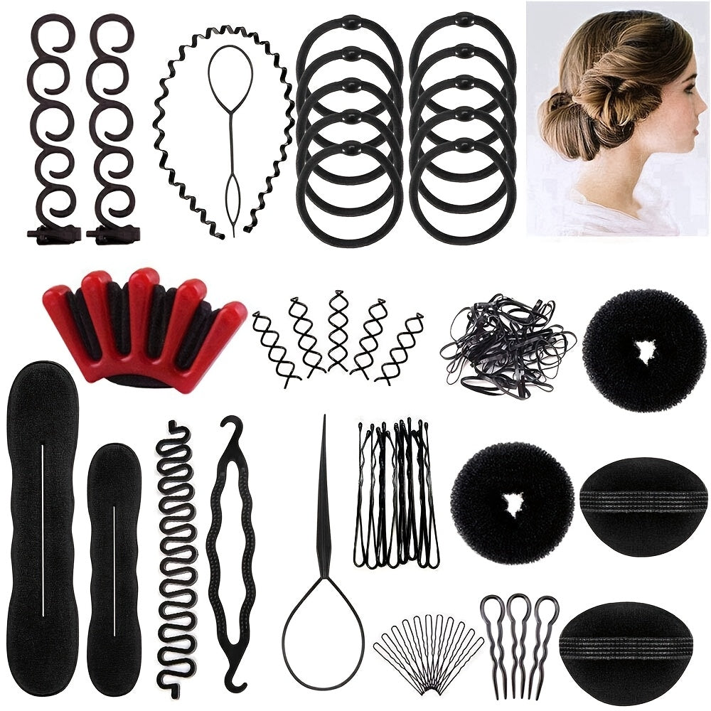 51-Piece Hair Styling Tool Set Braiding Kit with Clips Donut Bun Maker Hair Pins Curlers Braid Accessories for Women Bridal W