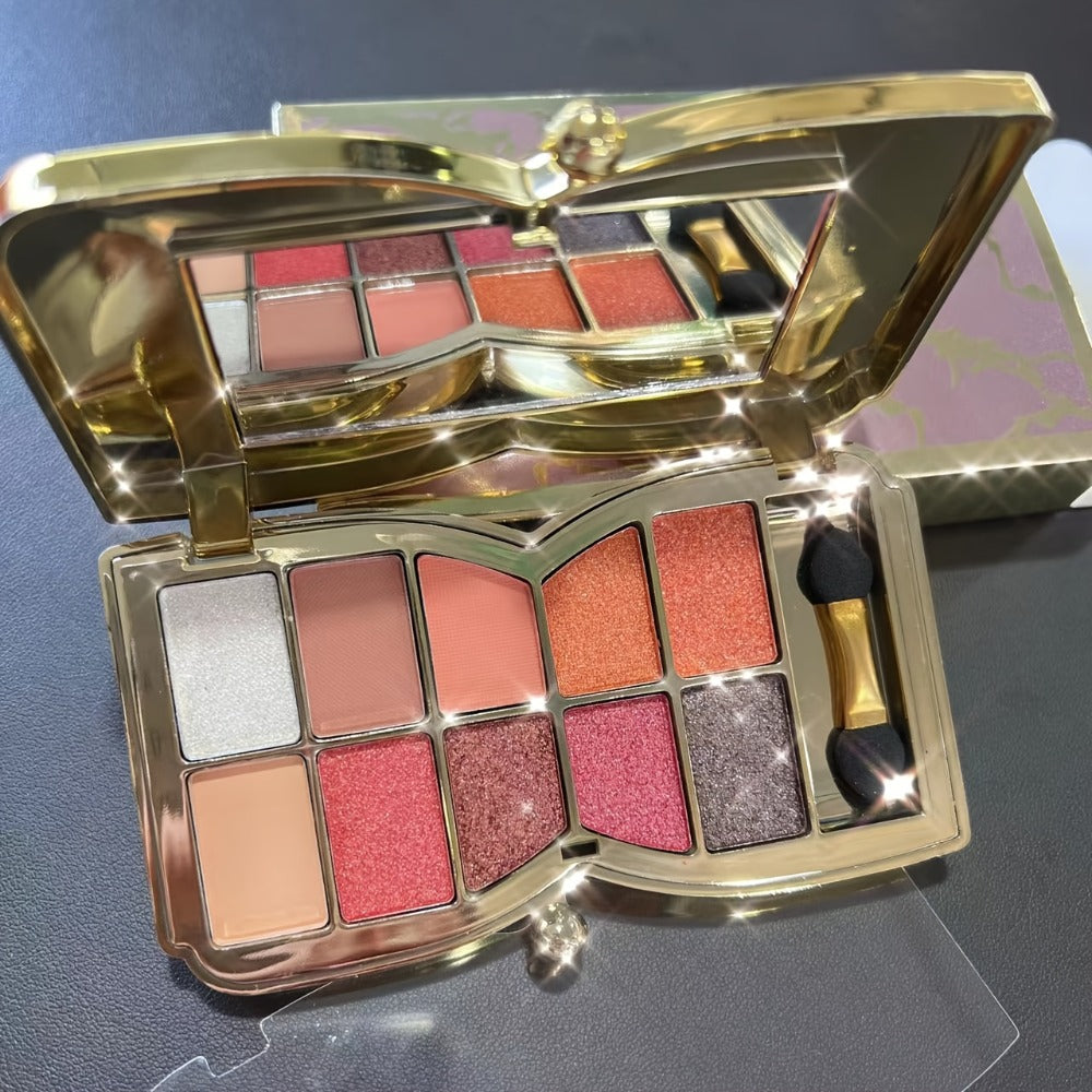 Eyeshadow Palette 10-Shade Gold Bow Compact with Mirror, Dual-Ended Applicator and Three Color Options — image 3