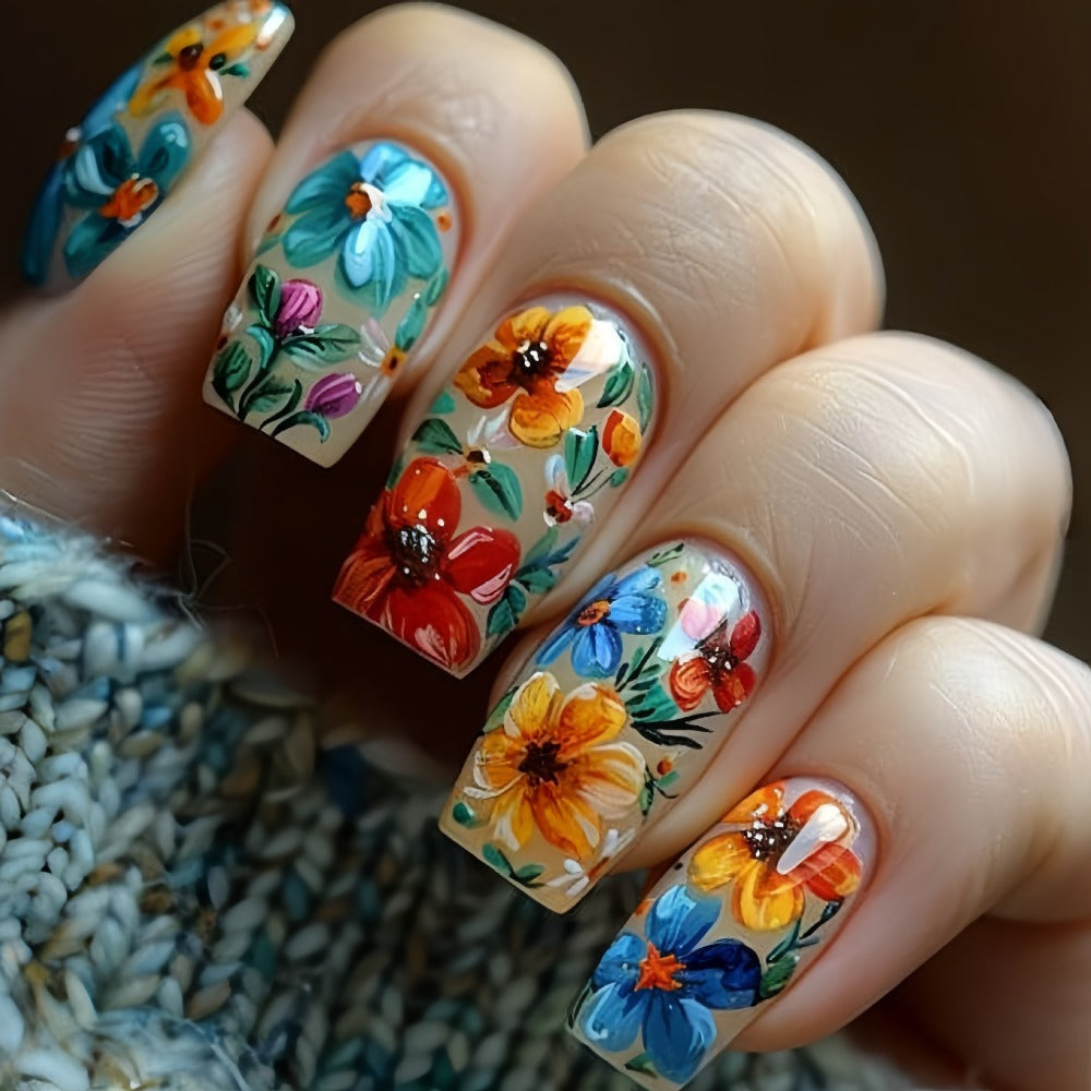 Press On Nails 120-Piece Medium Square Set with Glossy Floral and Striped Designs in Five Packs — image 6