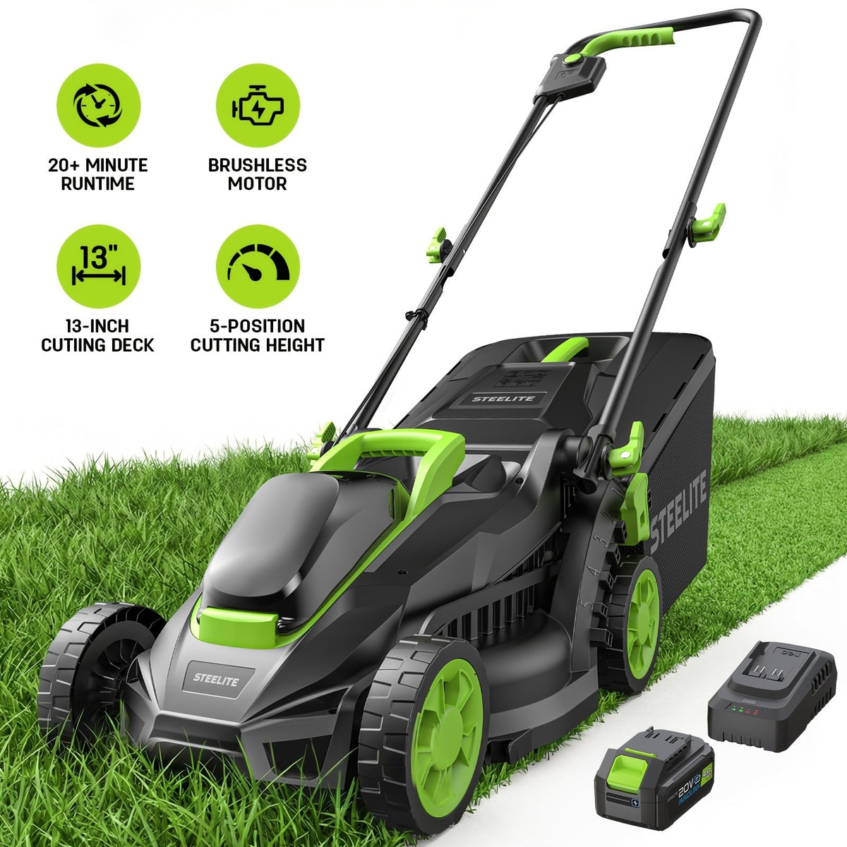 Cordless Lawn Mower Brushless Motor 13-Inch 21V Electric Lawn Mower Battery Powered with 4.0Ah Battery for Garden, Patio and 