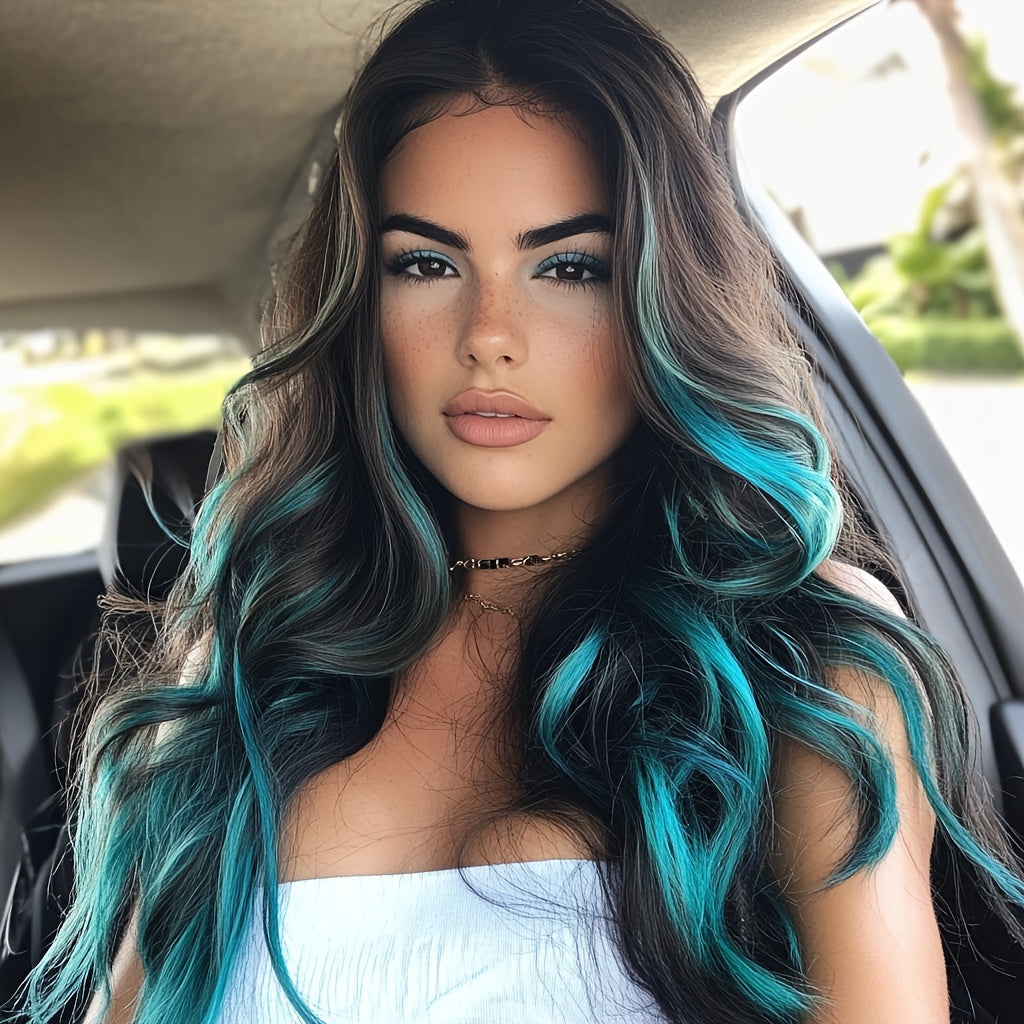 Synthetic Wig 24-Inch Mineral Green Ombre Style with Adjustable Rose Mesh Cap and Combs for Cosplay — image 1
