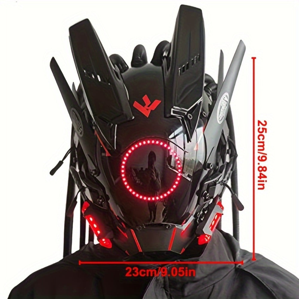 LED Braided Cyberpunk Costume Helmet with Circular Face Light and Blue, Green or Pink Accent Styles — image 2