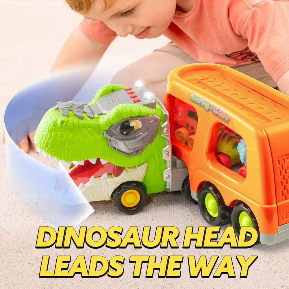 T-Rex Carrier Truck Toy with 6 Mini Rubber Dinosaur Cars LED Lights with the Listed Color, Size or Set Options for Everyday U
