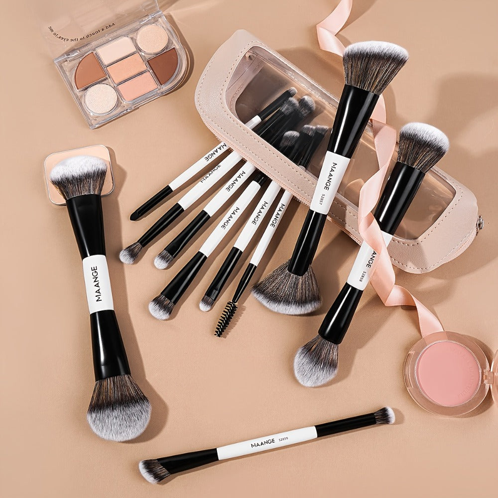 Makeup Brush Set, 10-Piece Double-Ended Nylon Bristle Collection with Cosmetic Bag and Three Color Options — image 5