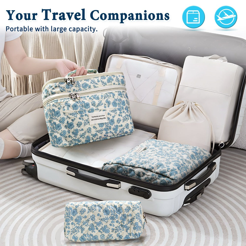 Quilted Floral Makeup Bag Set 3PCS Large Capacity Dual Layer Cotton Cosmetic Bags Coquette Aesthetic Travel Toiletry Organize