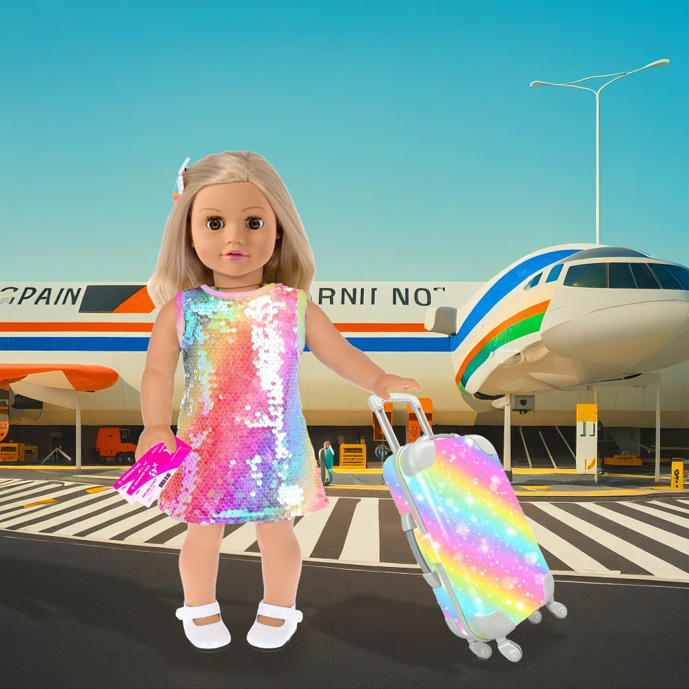 Twenty-Four-Piece Travel Accessory Set for 18-Inch Dolls with Rainbow Suitcase, Sequin Dress and Shoes — image 5