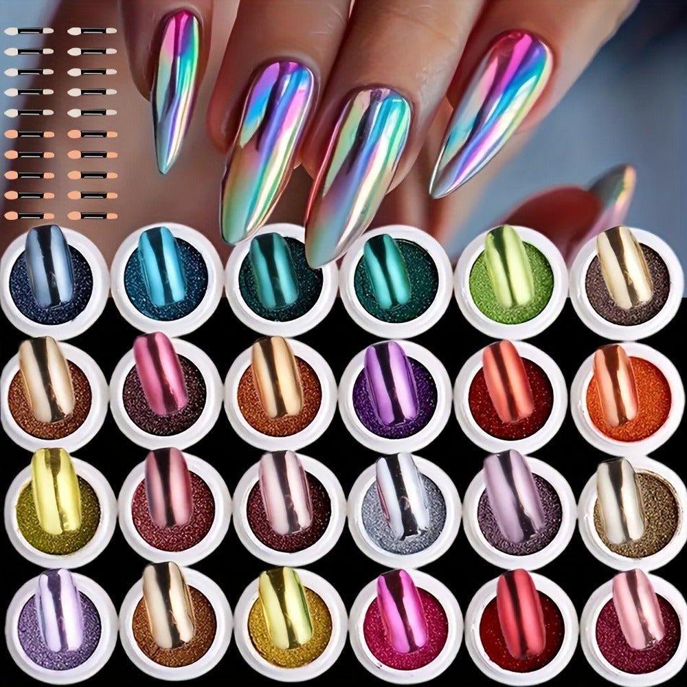 Chrome Nail Powder 24 Colors Set Holographic Mirror Effect Metallic Reflective Glitter Pigment for Gel — image 6
