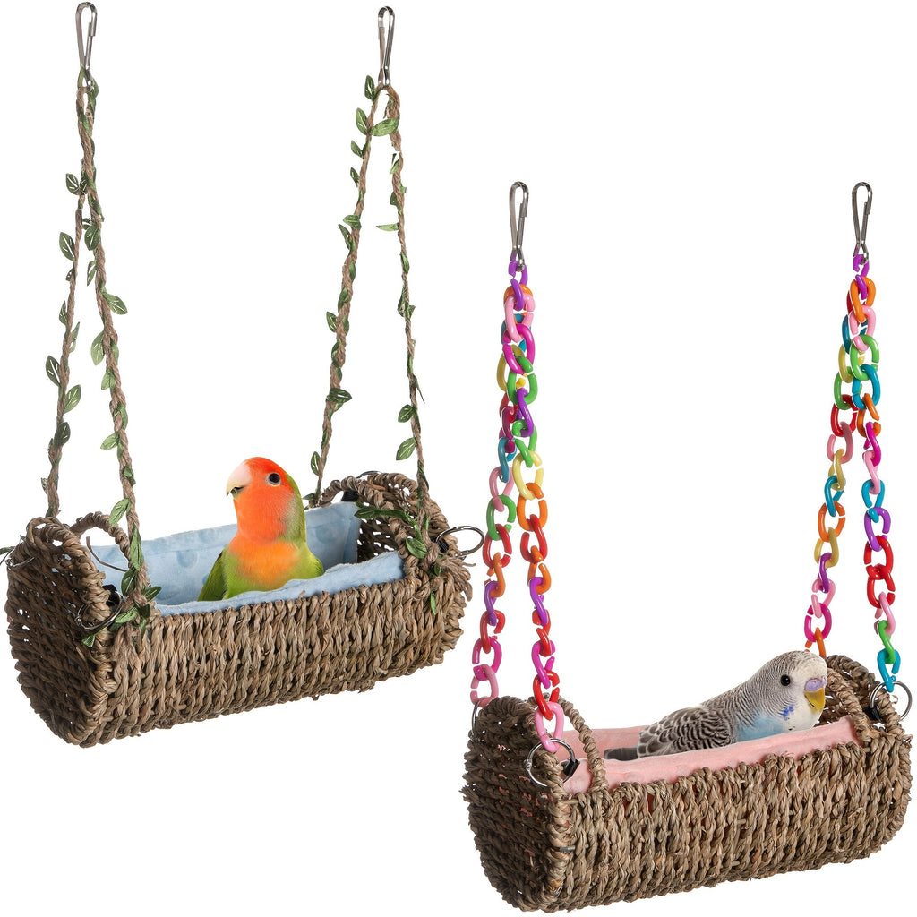 Rattan Hanging Bird Nest and Swing with Removable Mat and Choice of Natural Rope or Colorful Chain — image 1