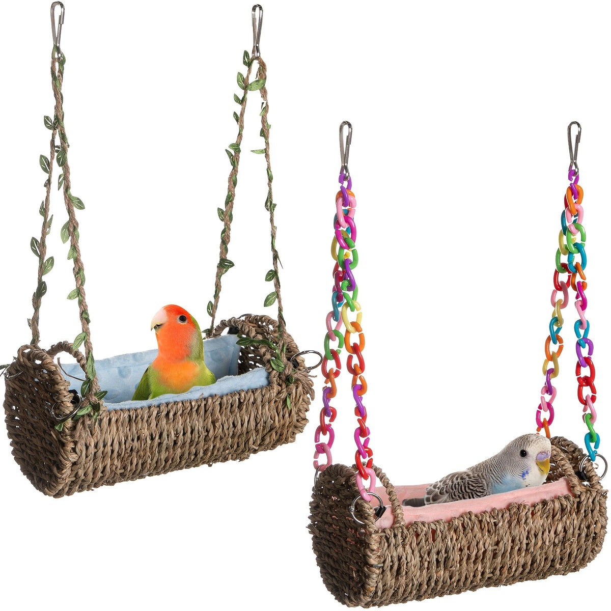 Rattan Hanging Bird Nest and Swing with Removable Mat and Choice of Natural Rope or Colorful Chain — image 1