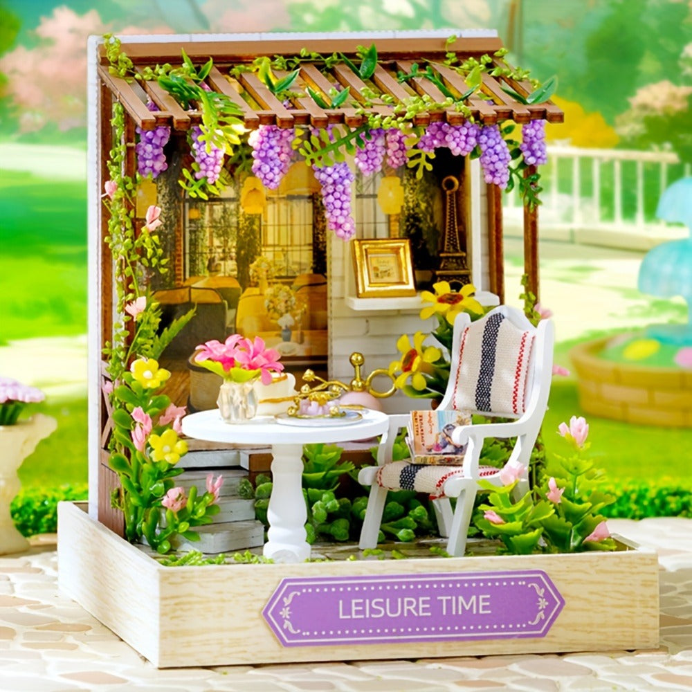 DIY Wooden Tiny House Kit with Dust Cover, Handmade Miniature Dollhouse Puzzle, 3 Themes Afternoon Tea Rotating Food House Mo
