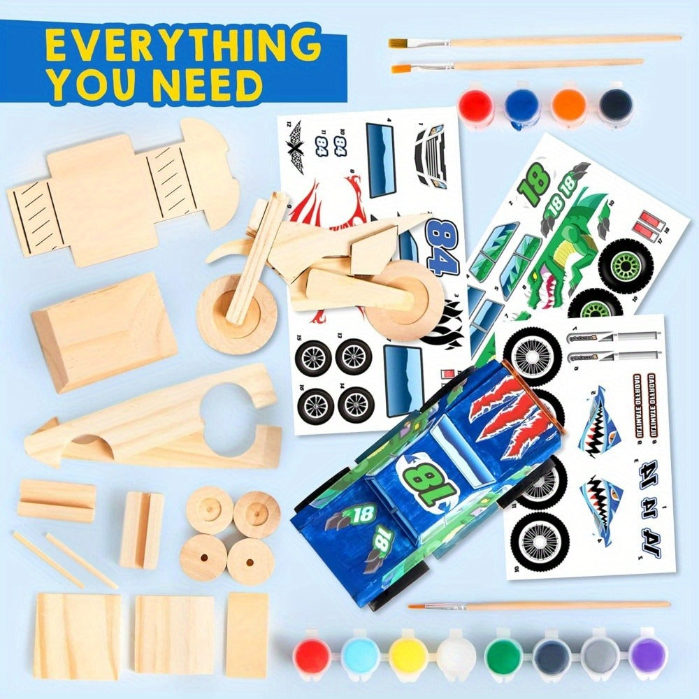 Build and Paint Wooden Vehicle Kit for Kids 144 Pieces, Race Car Motorcycle Monster Truck, 12 Colors 3 Brushes Racing Decals 
