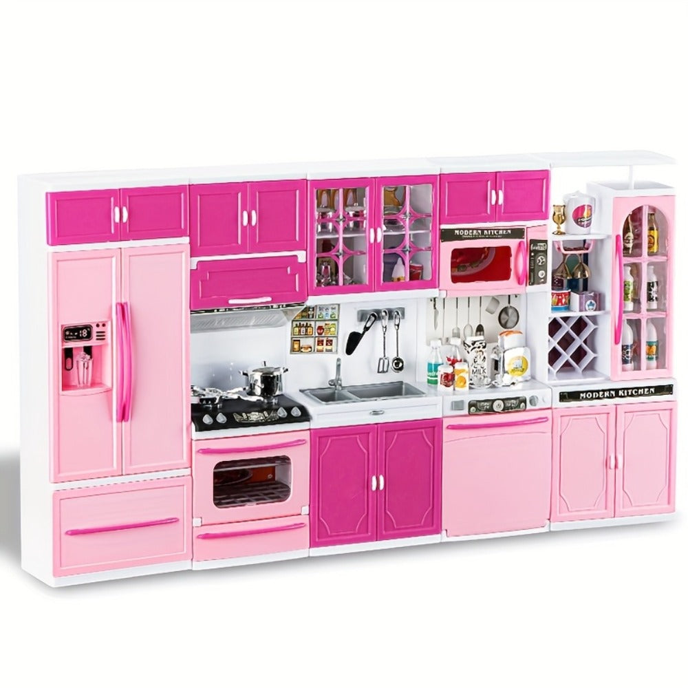 64-Piece Pink Pretend Kitchen Play Set with Light and Sound Features in a 58 x 42.5cm Mini Format — image 1