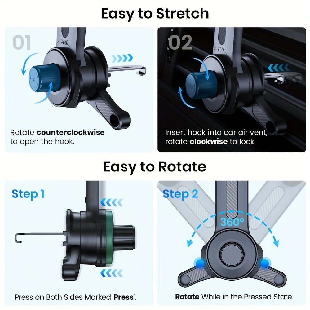 Three-Point Air-Vent Phone Mount with Extendable Hook, Adjustable Arm and Black Finish for In-Car Viewing — image 6