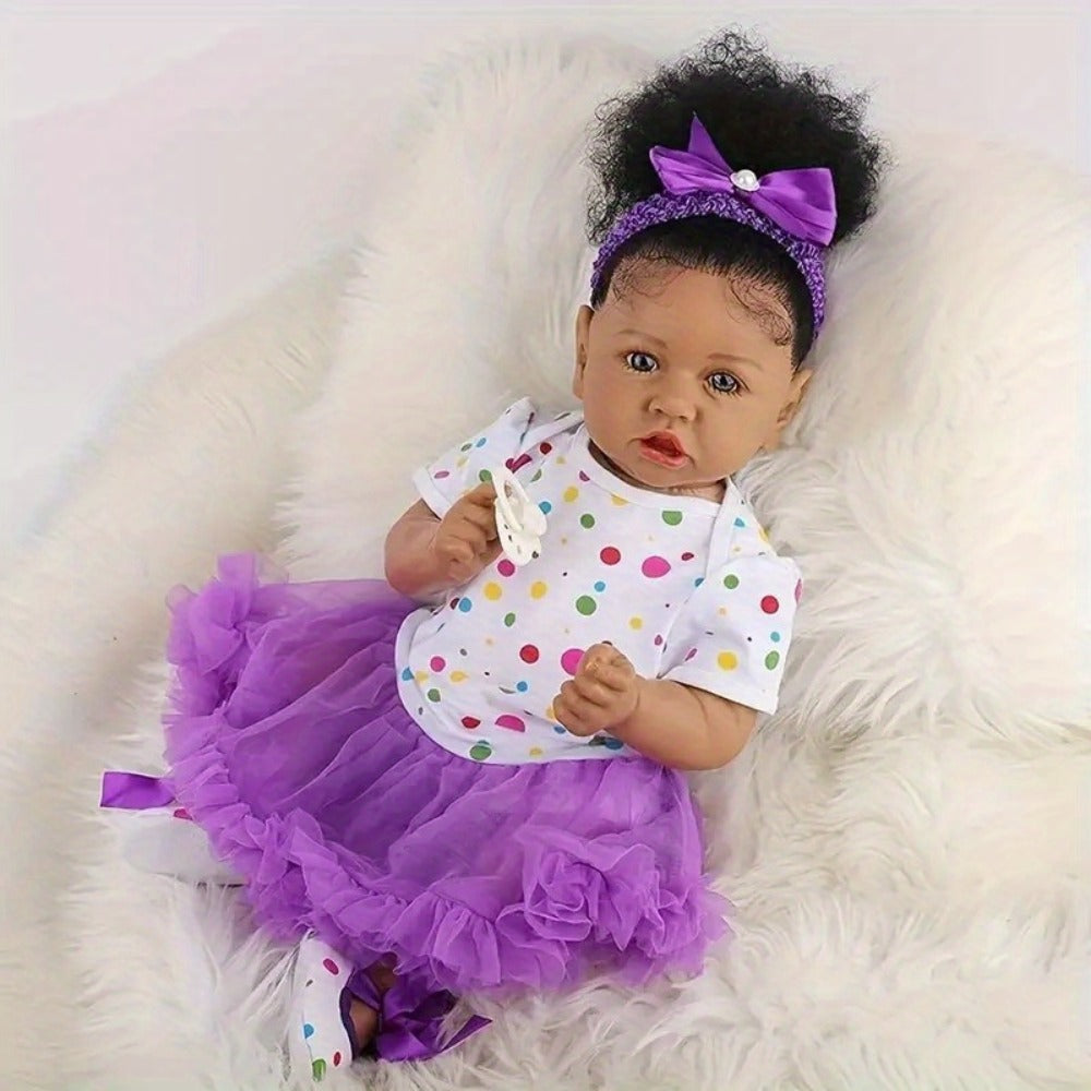 Reborn Baby Doll 21.5-Inch Full Vinyl Design with Curly Dark Hair, Open Eyes and Purple-and-White Outfit — image 4