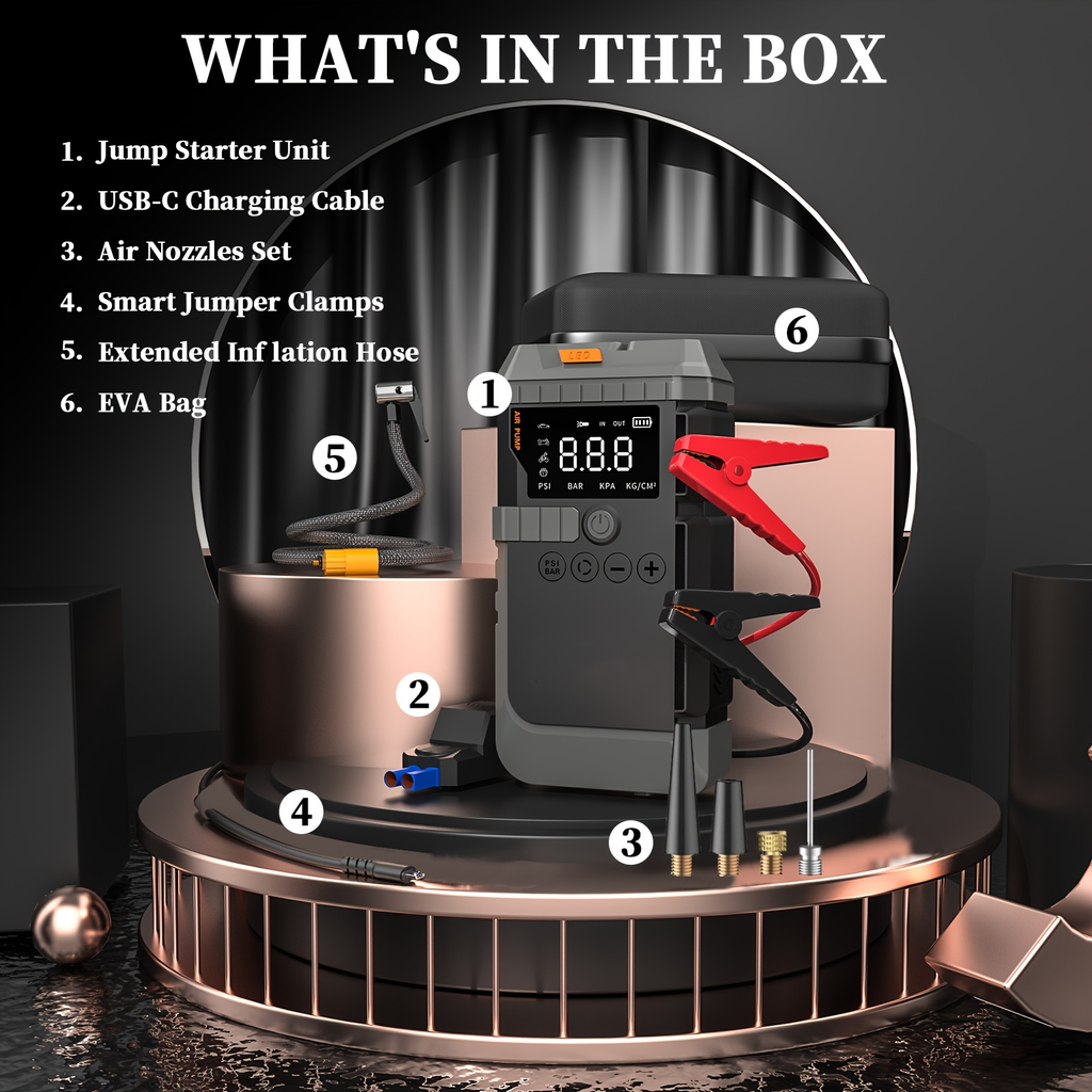 Jump Starter Power Bank 10000A 4-in-1 with 150 PSI Air Compressor LED Emergency Light USB Charging for Garden, Patio and Yard