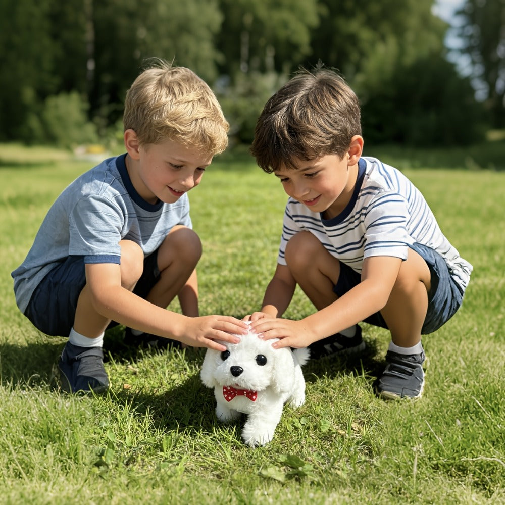 White Electronic Plush Robot Puppy Toy with Walking and Barking Box Icons in a White Gift-Box Option — image 4