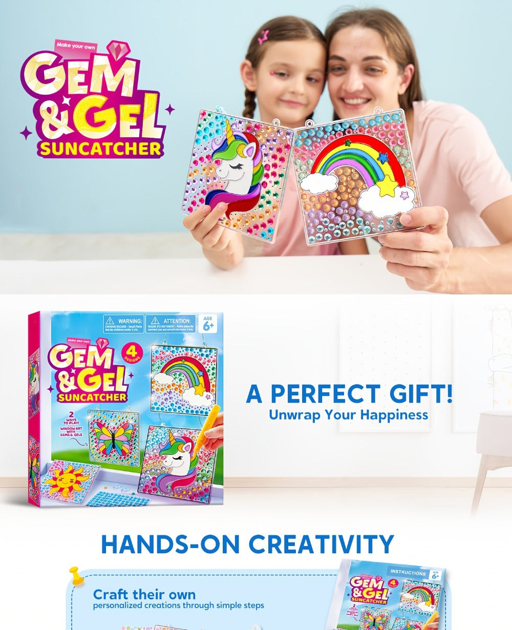 Suncatcher Painting Kit 4pcs for Kids, 2-in-1 Window Art with Gem Stickers & Paint Pens, Butterfly Unicorn Rainbow Sun Design