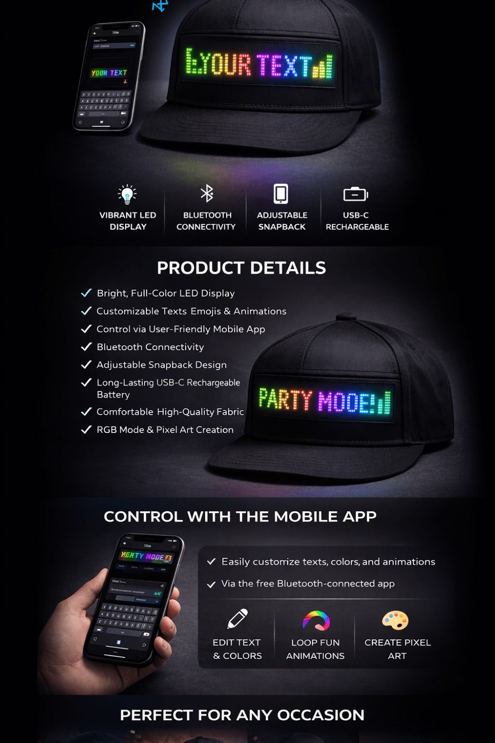 Programmable LED Hat App Controlled Scrolling Text Light Up Baseball Cap for Men Women Parties Halloween Christmas Gift USB C