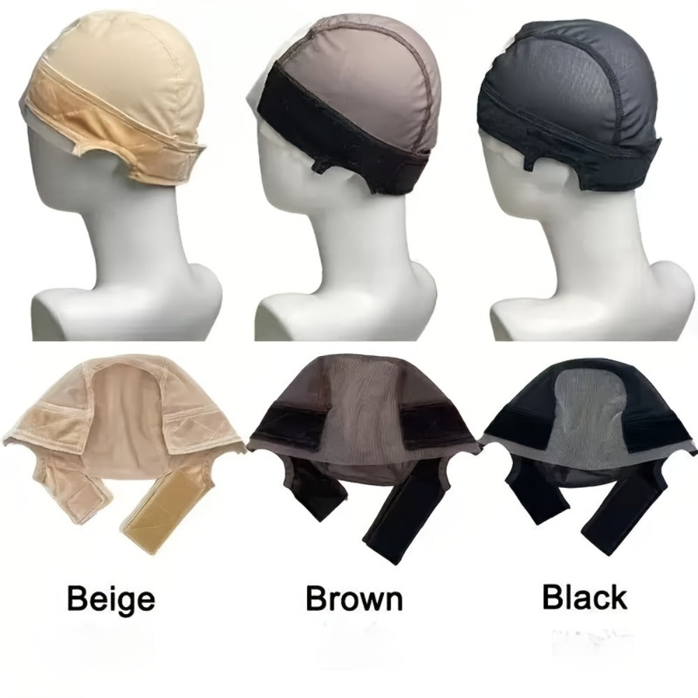 Wide Lace Wig Grip Caps, Two-Piece Set with Ear Cutouts and Adjustable Straps in Brown, Black or Beige — image 3