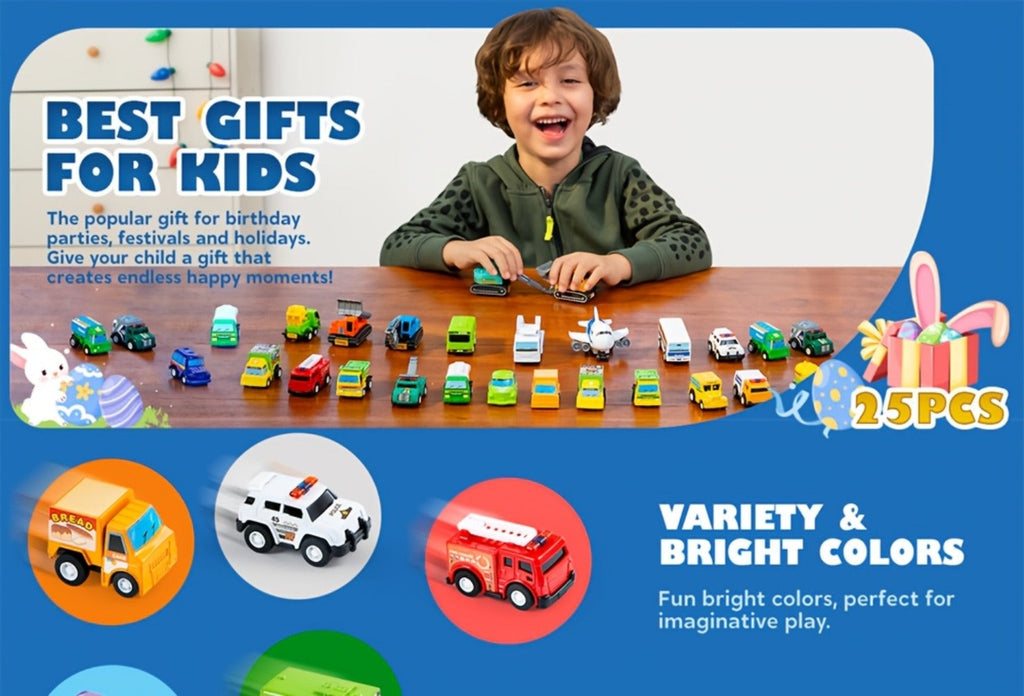25PCS Pull Back Cars & Trucks Toy Vehicle Set for Kids, Fire Truck, Police Car, School Bus & More — image 8