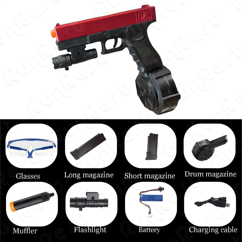 Red-and-Black Electric Gel Blaster Set with Three Magazine Styles, Flashlight, Goggles and Charging Cable — image 3
