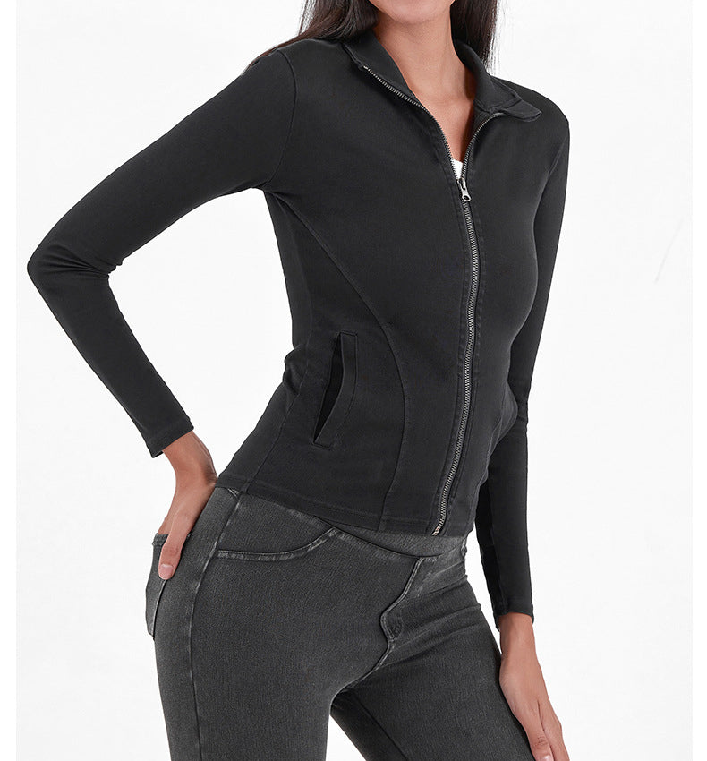 Slim Zippered Yoga Denim Jacket With Pockets High Collar Sports Fitness Outerwear Tops Coat For Women Clothing