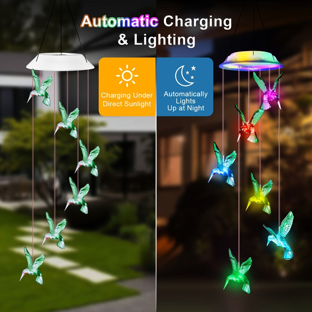 Solar Hummingbird Butterfly Pendant Light 6 LED Color, for Garden, Pathway and Patio Lighting — image 2