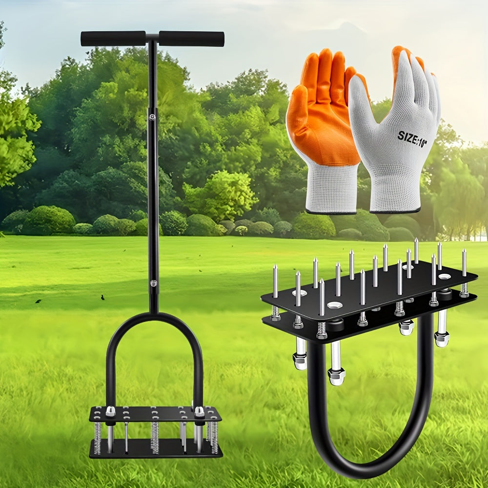 Self-Cleaning Lawn Aerator with 14 Iron Spikes – Spring-Loaded Auto-Clean Mechanism for Leaves & Dirt, Manual Soil Loosening 