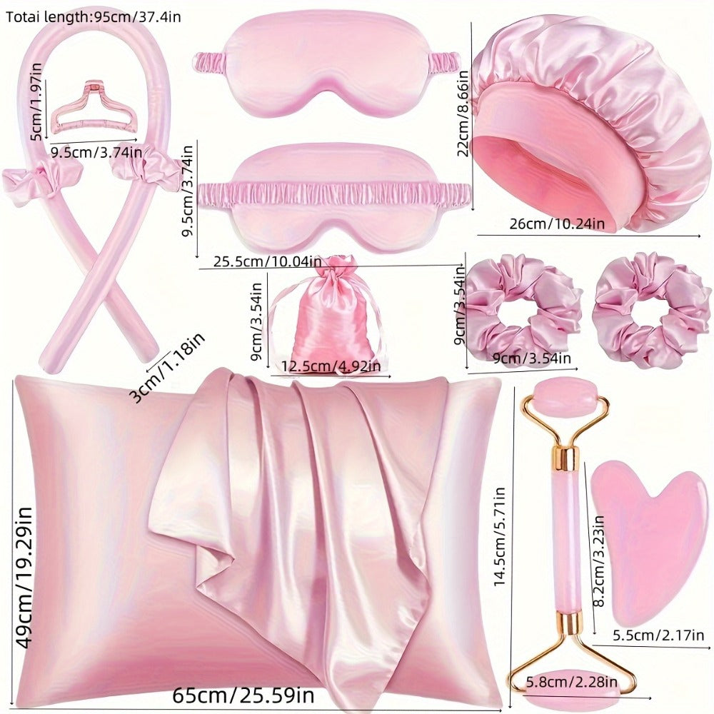 Heatless Curling Set 12pcs Overnight Sleep Hair Curlers Satin Sleep Cap Eye Mask Facial Roller Hairband Storage Bag No Heat D