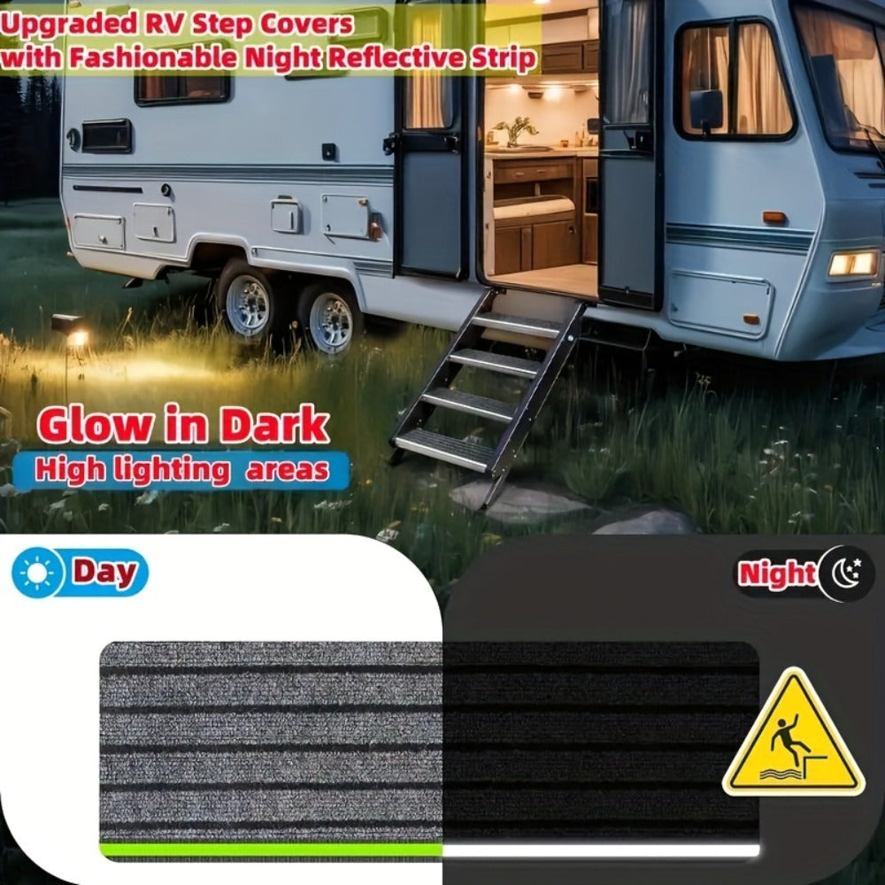 RV Step Covers Non-Slip Reflective – Durable Polyester Camping Rug Set for Travel Trailer, Motorhome & Outdoor Adventures, 2 