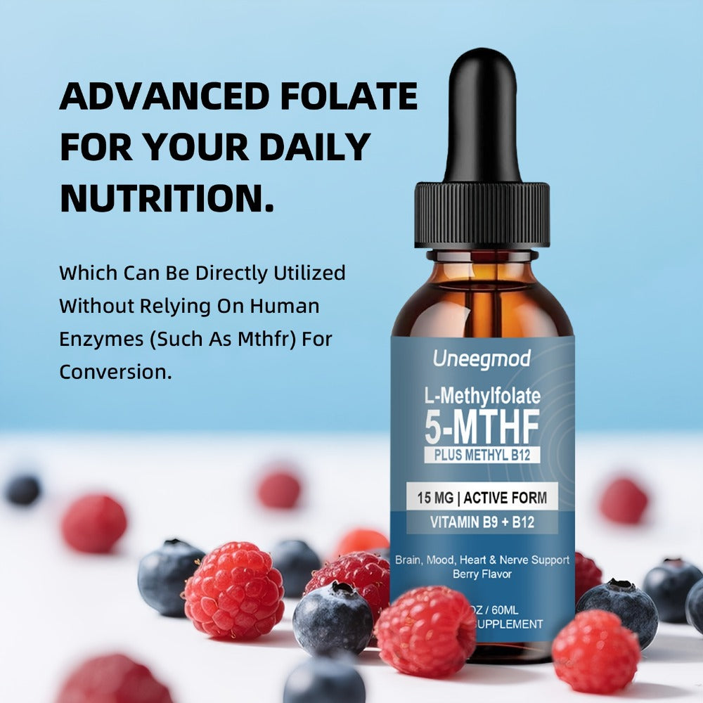 L-Methylfolate 15mg Liquid Drops 2fl oz with Methylated B12, Active 5-MTHF for Brain, Heart & Nervous System Health — image 5
