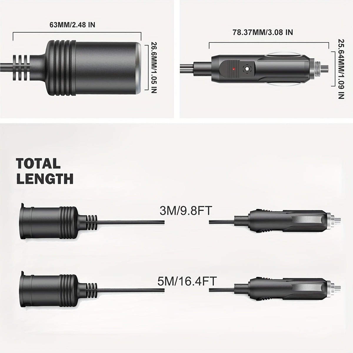 12V Car Cigarette Lighter Extension Cord 9.8FT – 16AWG Heavy Duty Male to Female Socket with LED Indicator for RV — image 2