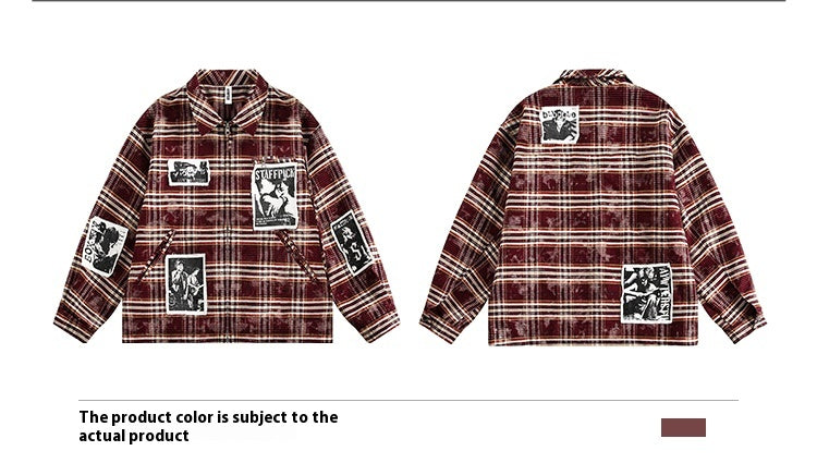 Retro Illustration Plaid Patch Jacket For Women Baggy Coat