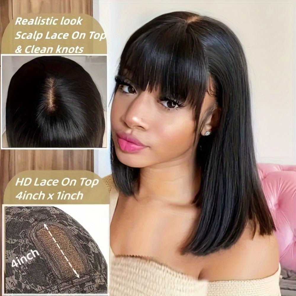 Lace Front Wig Human Hair Bob with Bangs, 4x1 HD Lace, 180% Density and 10-14in Length Choices — image 2